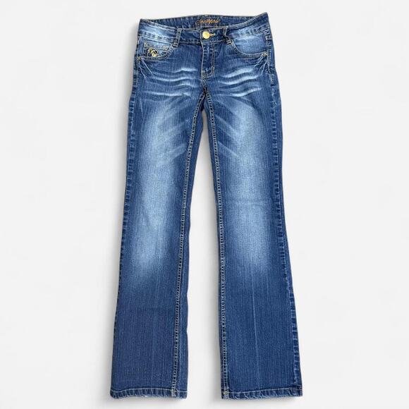 Y2K Southpole Blue Washed Denim Gold Floral Embroidered Boot-Cut Low Rise Jeans - Picture 3 of 8